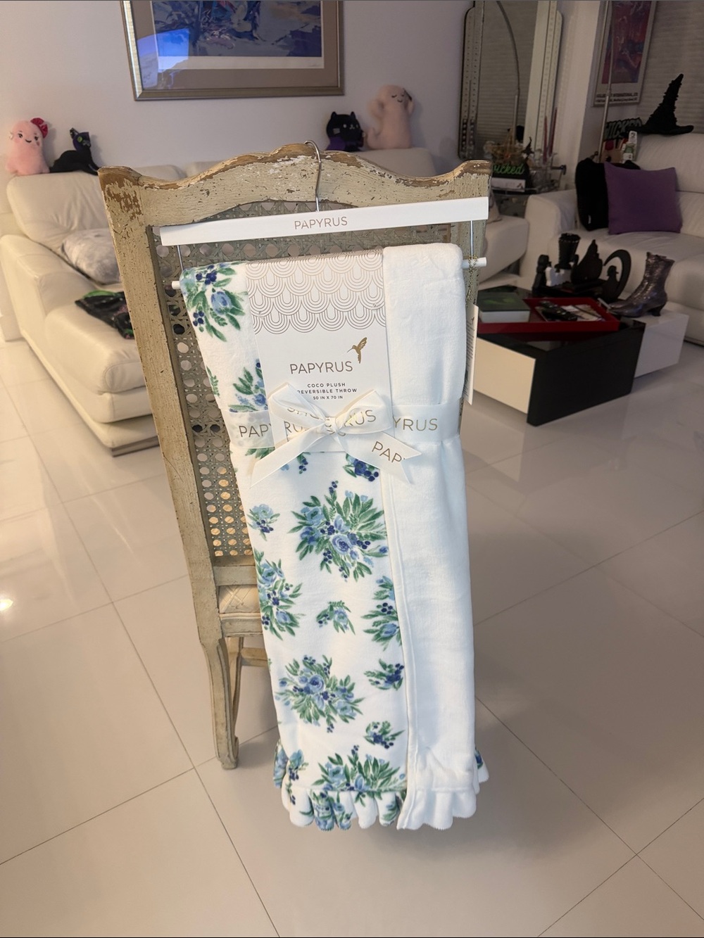 PAPYRUS White /Blue and Green Floral Print Plush Throw Blanket